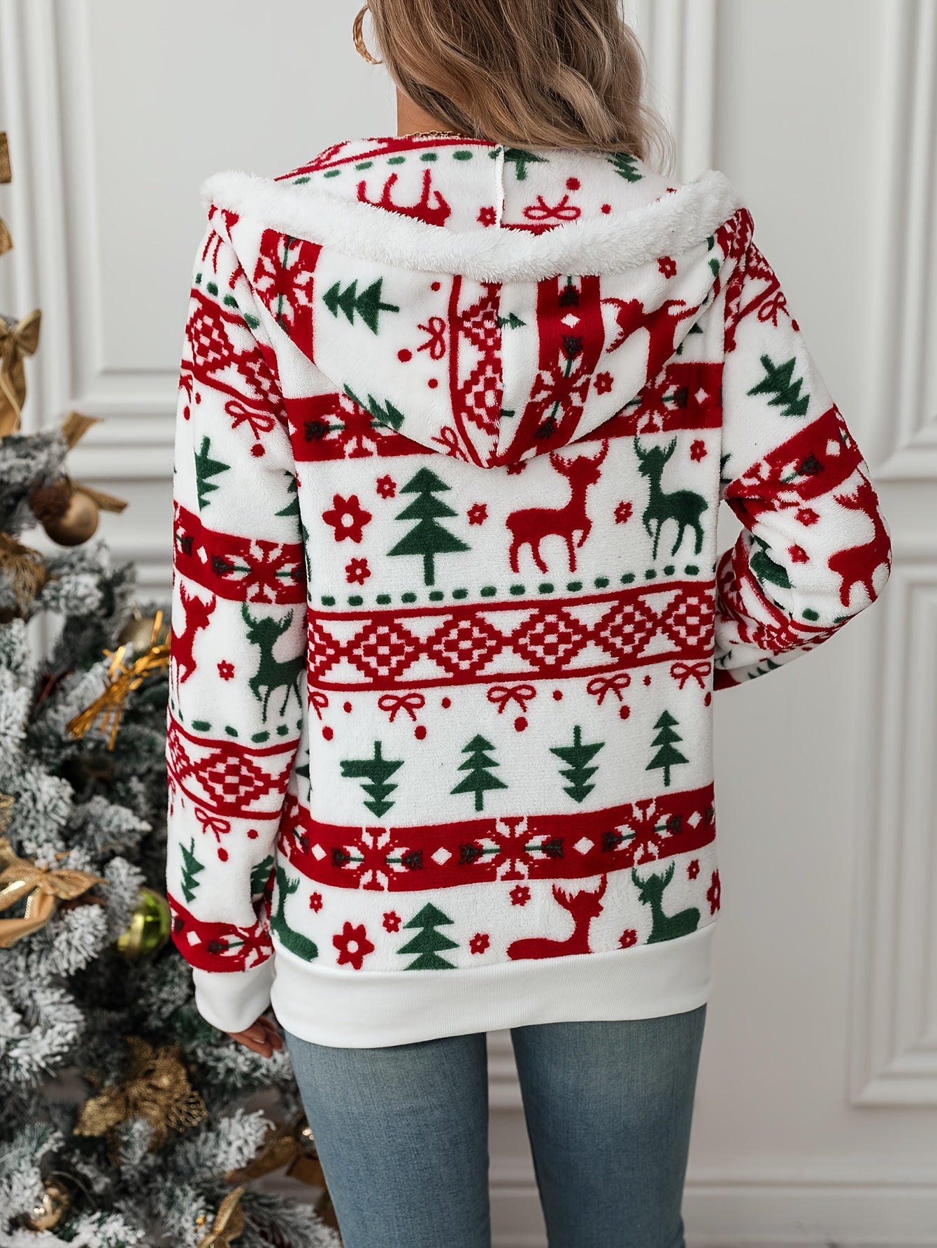 Nordiknit Hooded Zip-Up Cardigan – Fair Isle Christmas Holiday Women Cozy Knit Fleece Hoodie Sweater Jacket