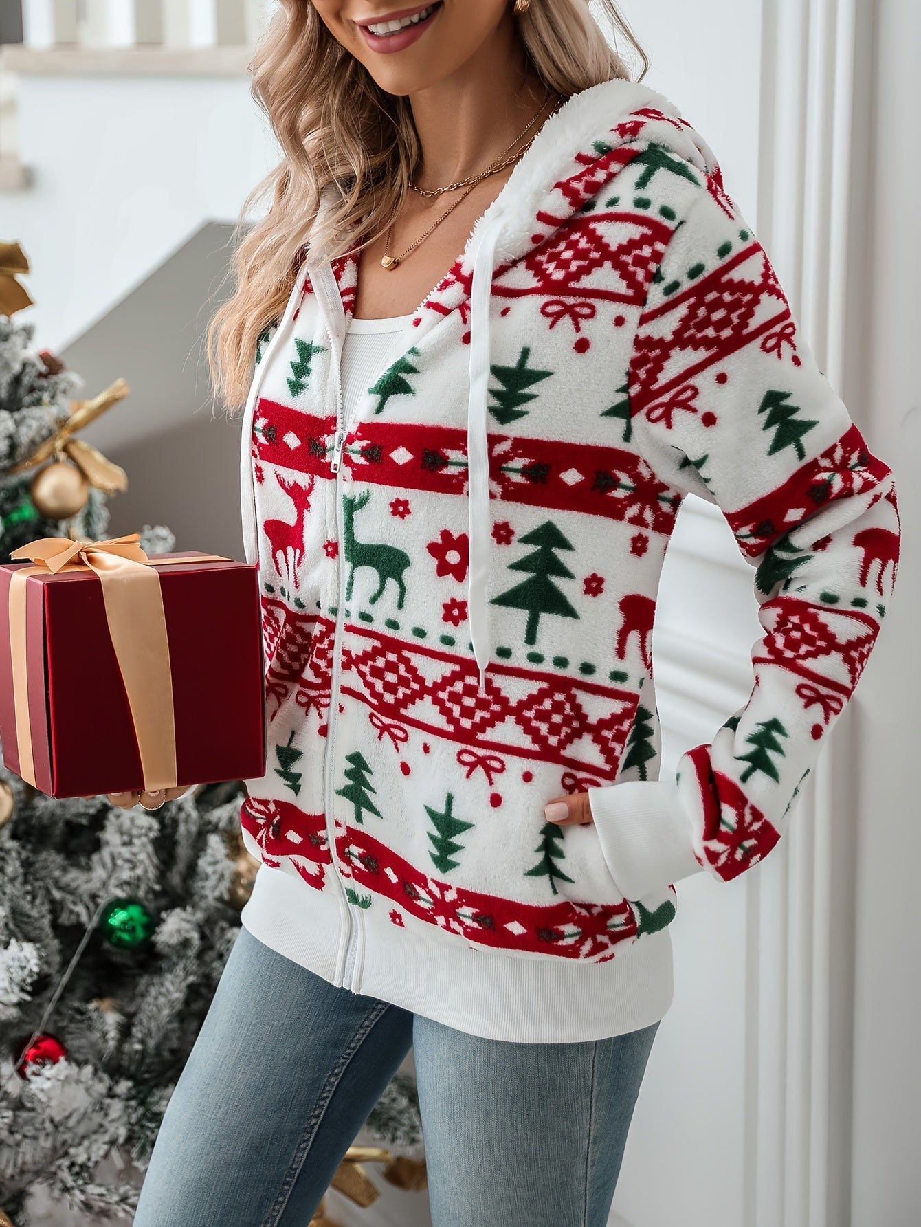 Nordiknit Hooded Zip-Up Cardigan – Fair Isle Christmas Holiday Women Cozy Knit Fleece Hoodie Sweater Jacket