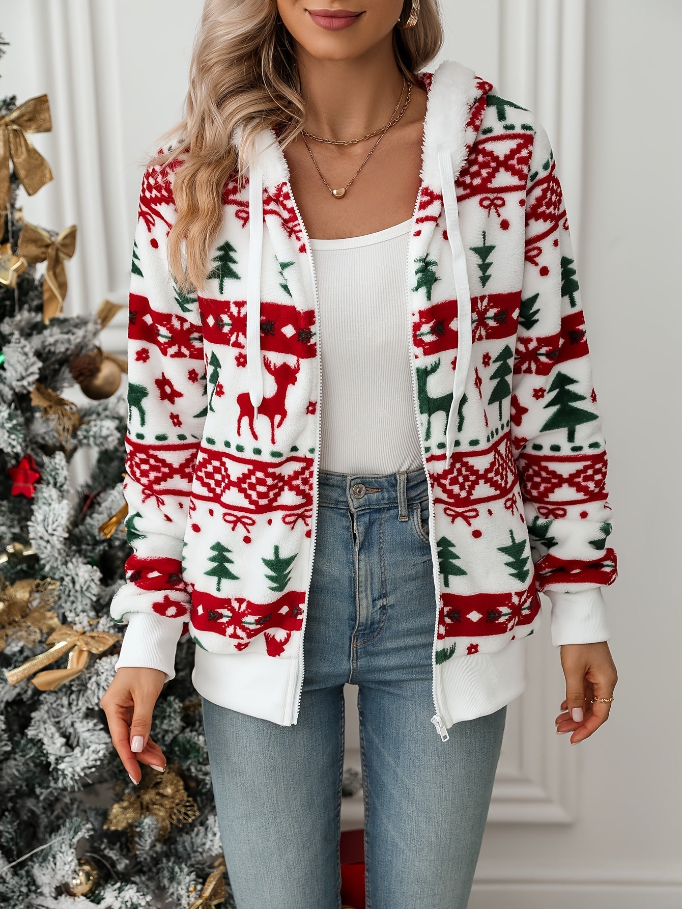 Nordiknit Hooded Zip-Up Cardigan – Fair Isle Christmas Holiday Women Cozy Knit Fleece Hoodie Sweater Jacket