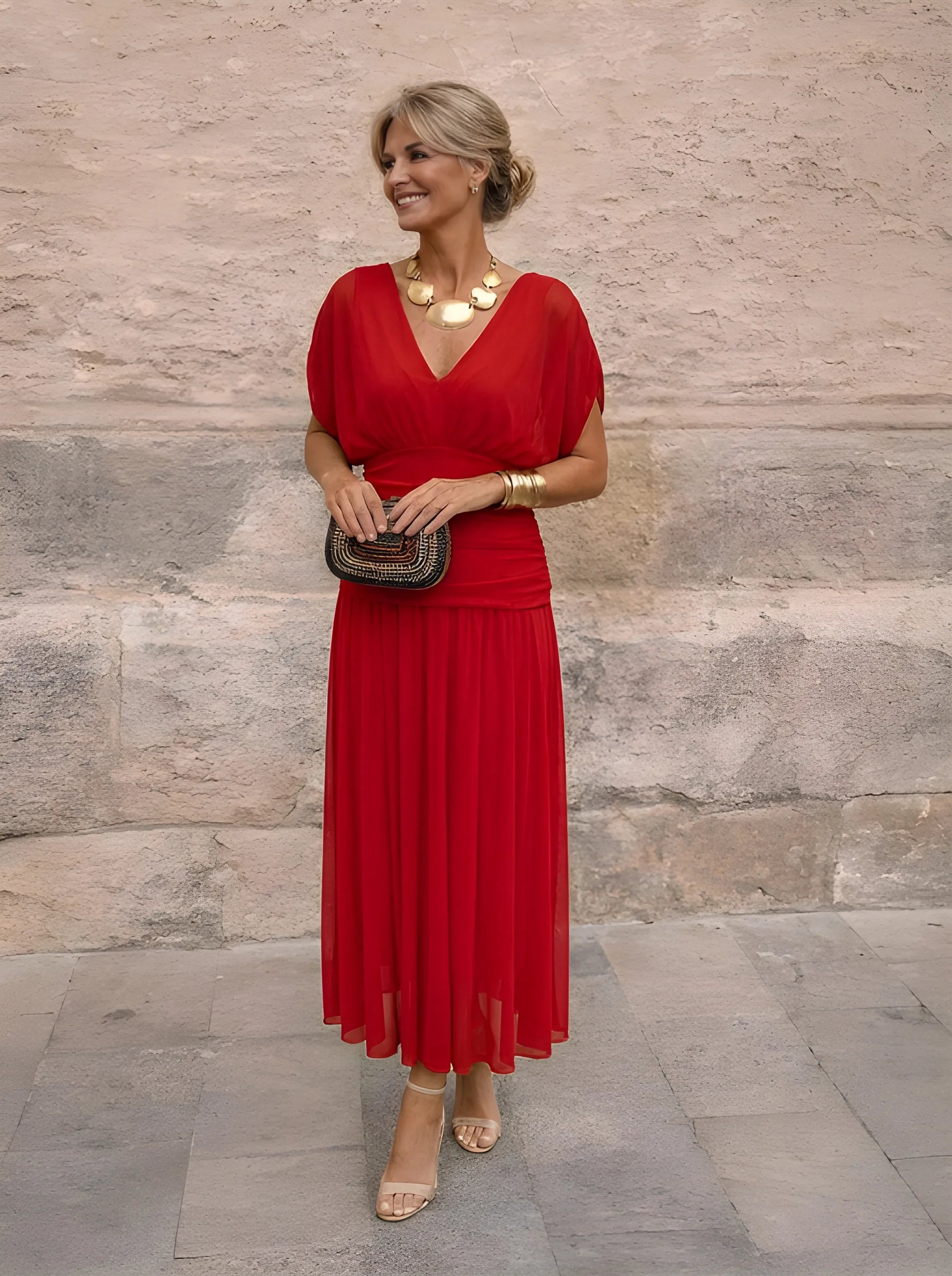 Robe midi drapée à col V Gatherlyn - Robe élégante de soirée pour femme, froncée, à manches kimono
