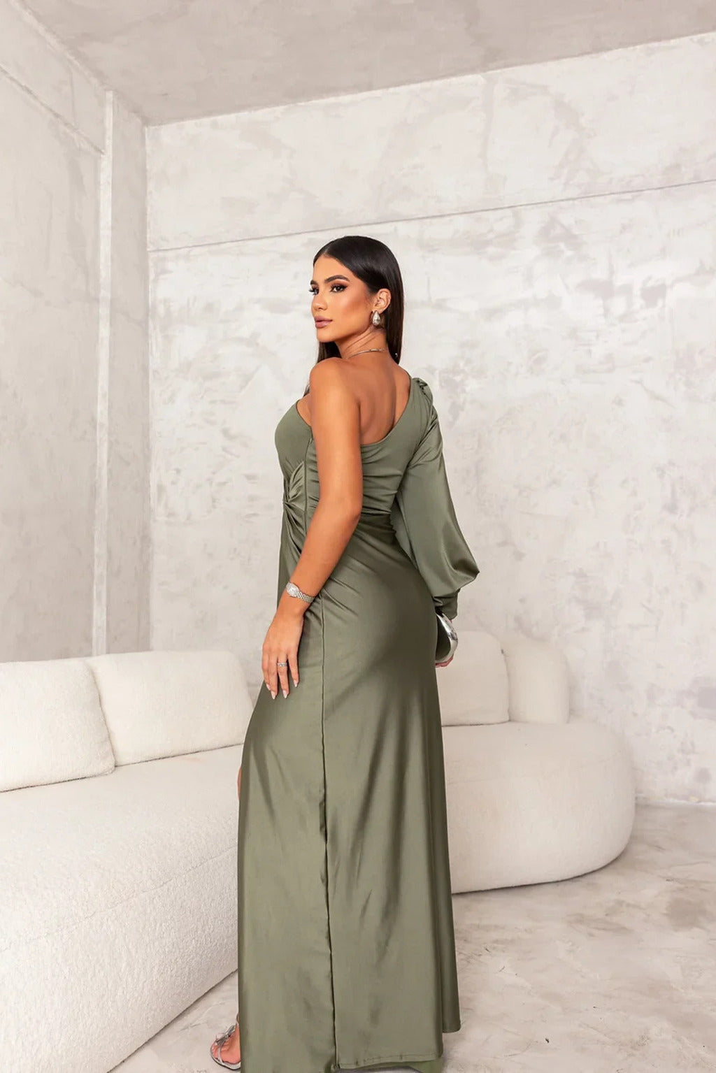 Robe longue fendue à une épaule Drapevia - Robe longue drapée en satin pour femme, pour soirées formelles, cocktails et fêtes
