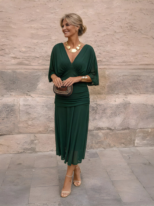 Robe midi drapée à col V Gatherlyn - Robe élégante de soirée pour femme, froncée, à manches kimono