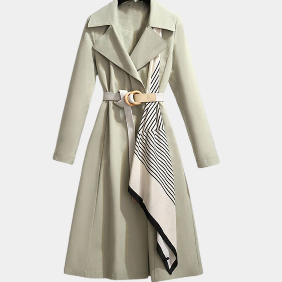 Chevriga Belted Trench Coat – Women Longline Winter Geometric Scarf Detail Classic Trench Jacket