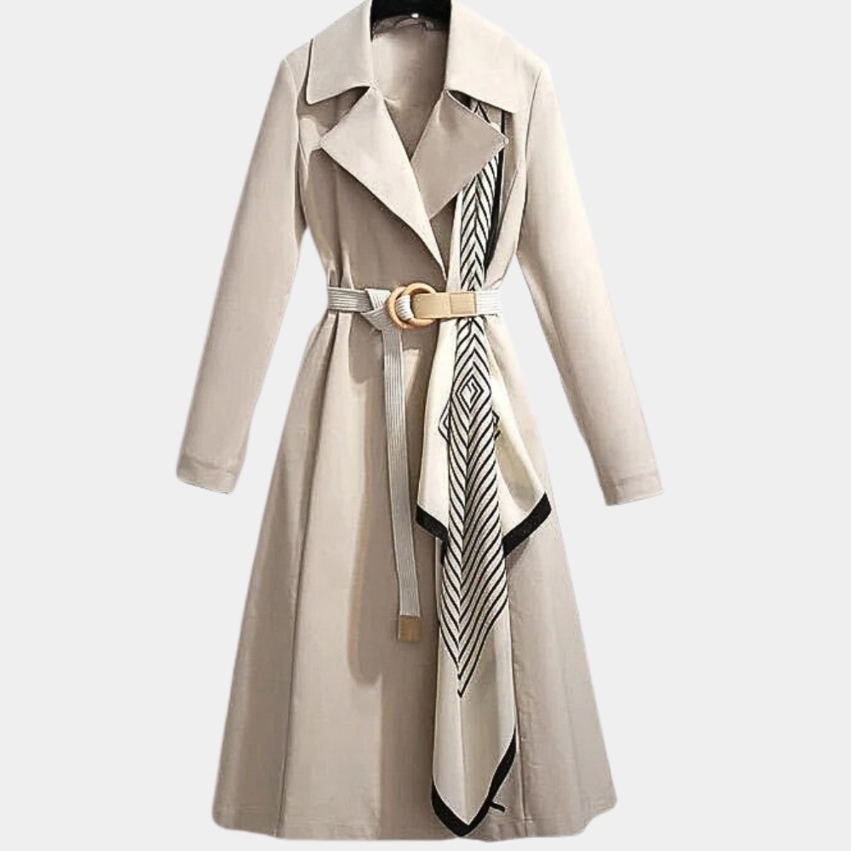 Chevriga Belted Trench Coat – Women Longline Winter Geometric Scarf Detail Classic Trench Jacket