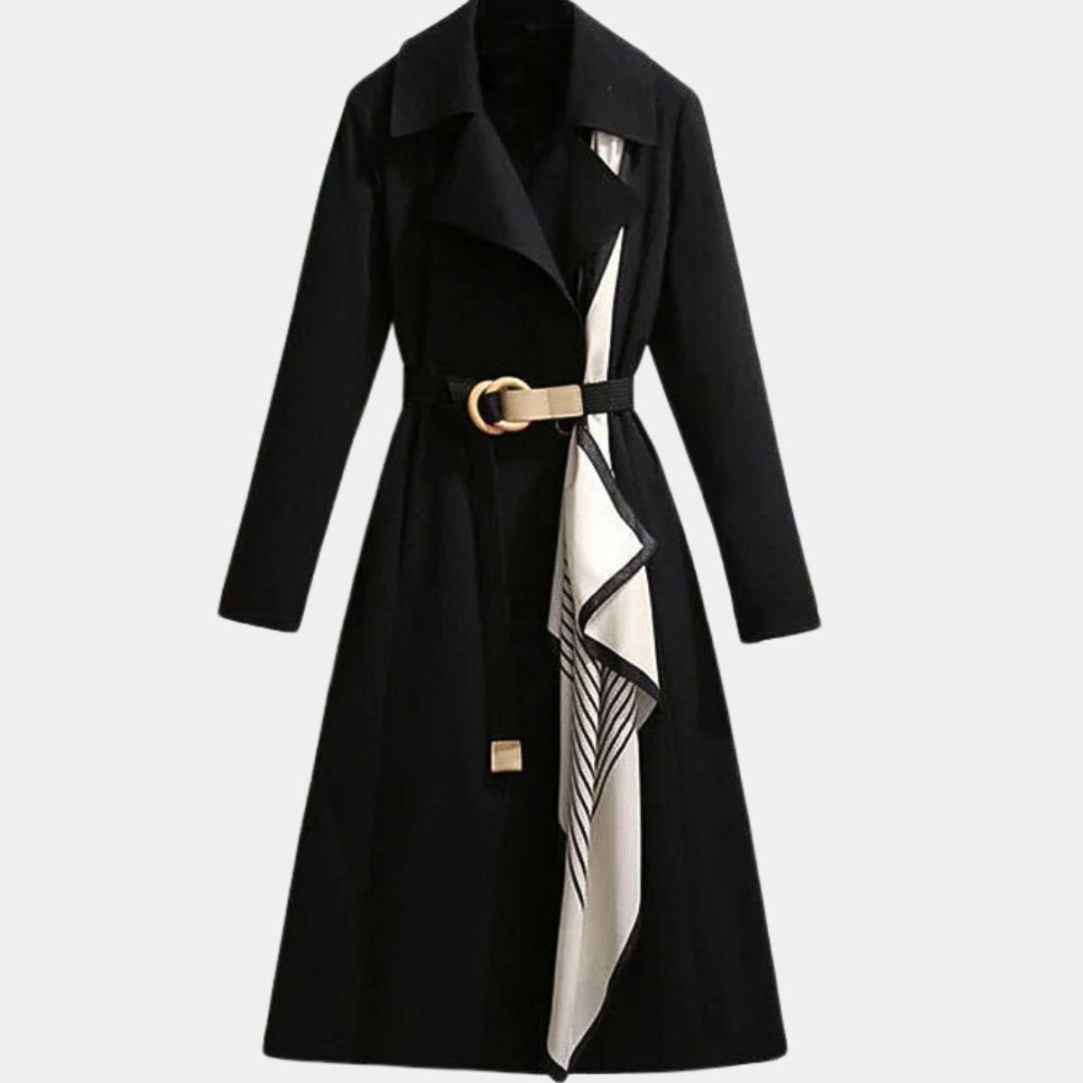 Chevriga Belted Trench Coat – Women Longline Winter Geometric Scarf Detail Classic Trench Jacket