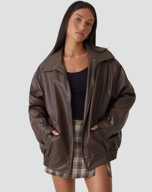 Kolmar Oversized Leather Bomber Jacket – Women Leather Jackets Fall Streetwear Casual Zip-Up Bomber Jacket