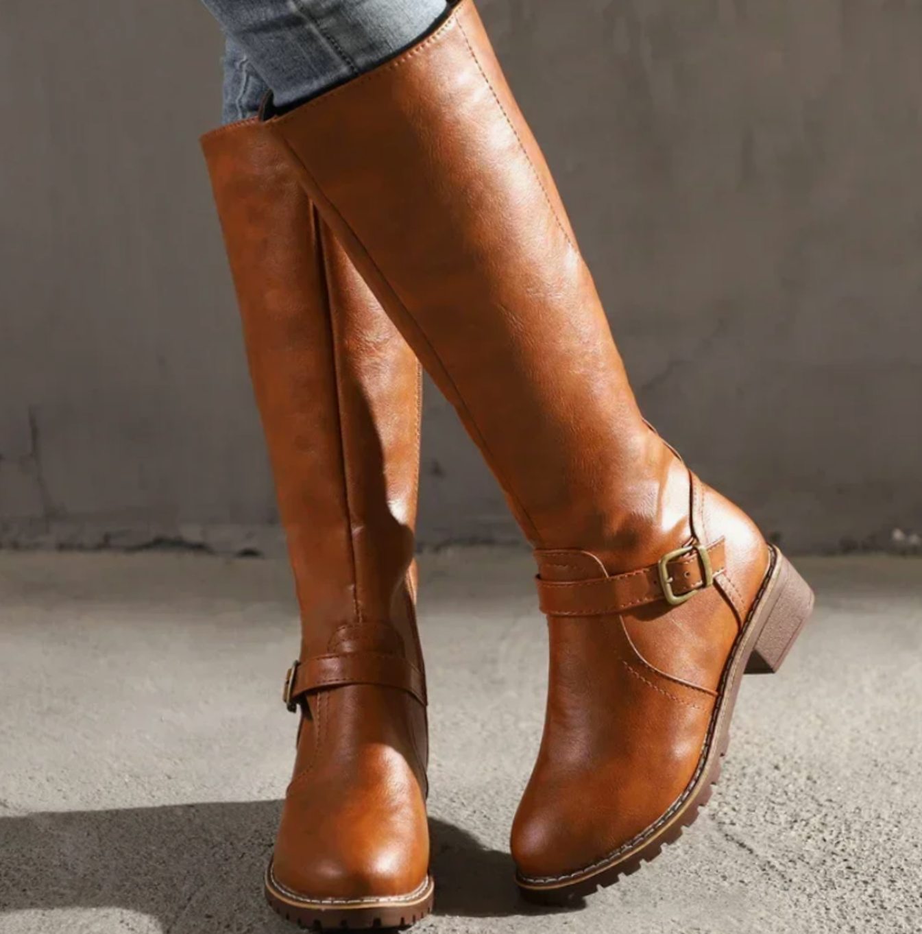 Brencross Buckle Strap Riding Boots – Knee High Boots Women Leather Cowgirl Western Fall Block Heel Boots