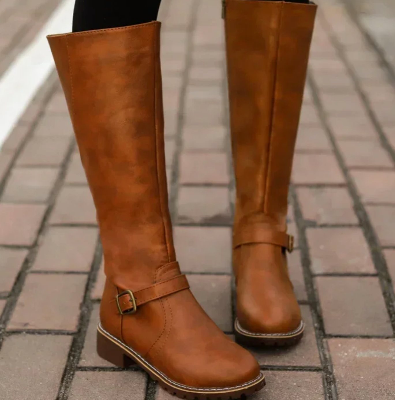 Brencross Buckle Strap Riding Boots – Knee High Boots Women Leather Cowgirl Western Fall Block Heel Boots
