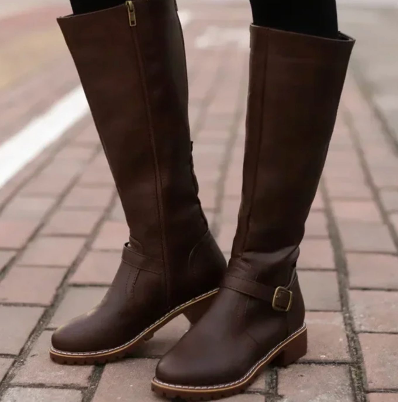 Brencross Buckle Strap Riding Boots – Knee High Boots Women Leather Cowgirl Western Fall Block Heel Boots