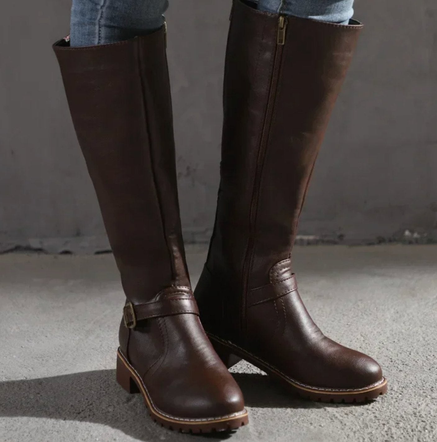 Brencross Buckle Strap Riding Boots – Knee High Boots Women Leather Cowgirl Western Fall Block Heel Boots