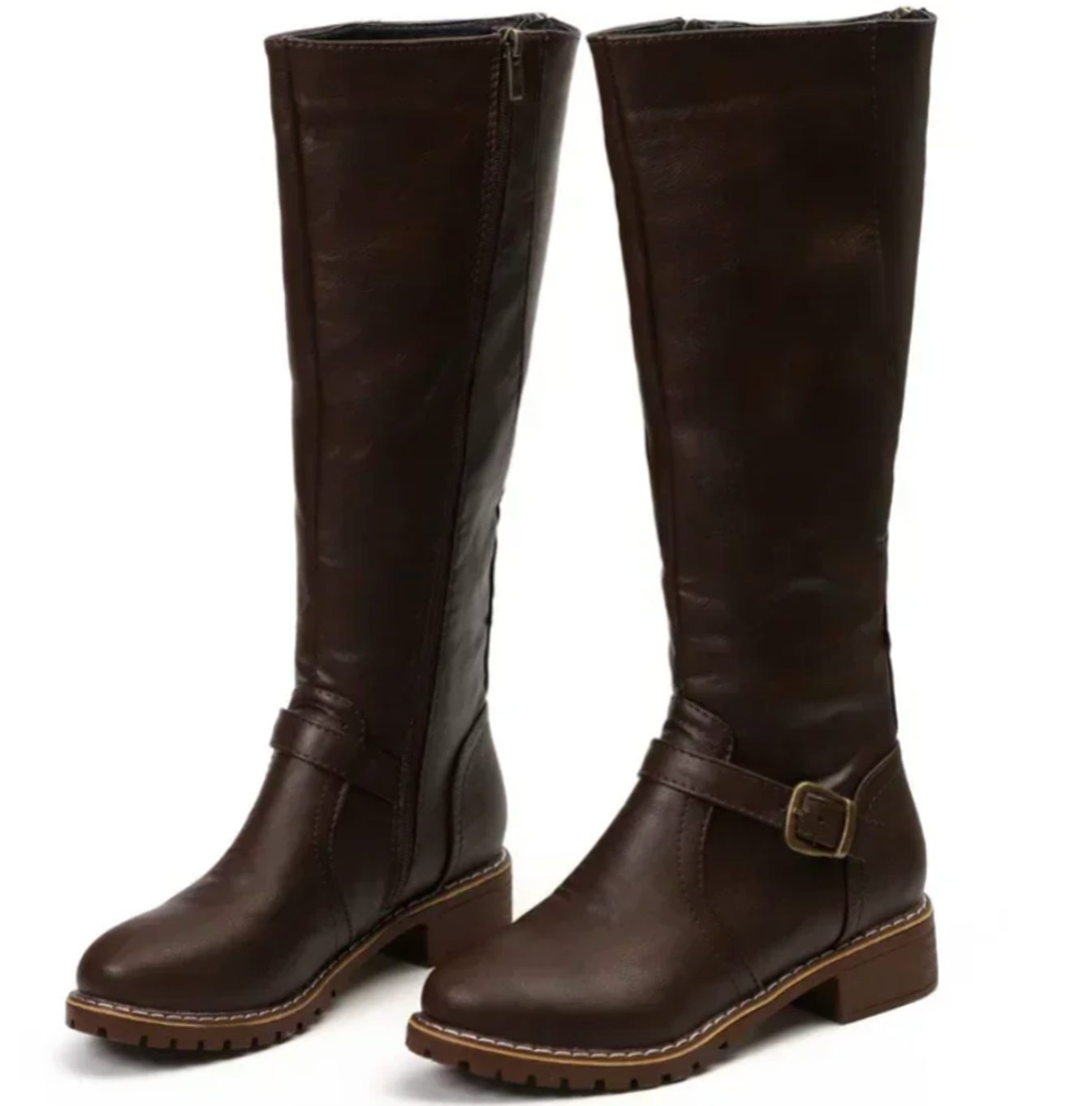Brencross Buckle Strap Riding Boots – Knee High Boots Women Leather Cowgirl Western Fall Block Heel Boots