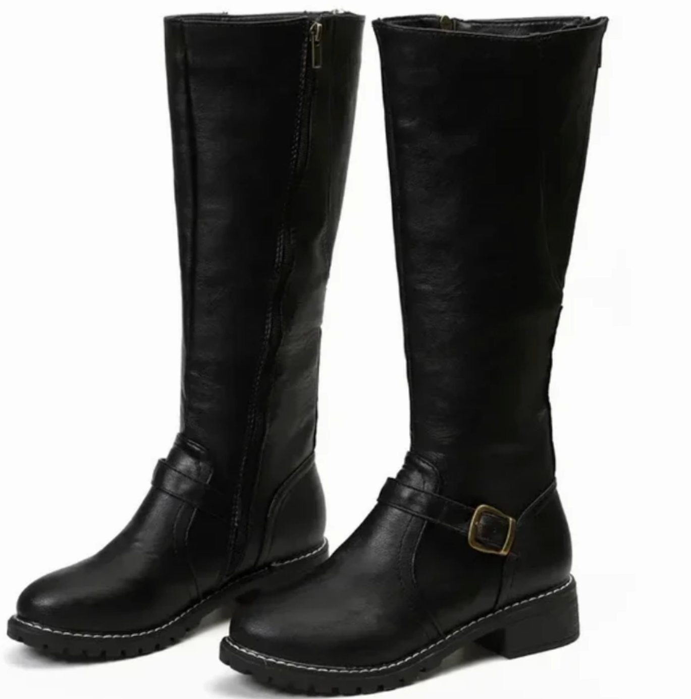 Brencross Buckle Strap Riding Boots – Knee High Boots Women Leather Cowgirl Western Fall Block Heel Boots