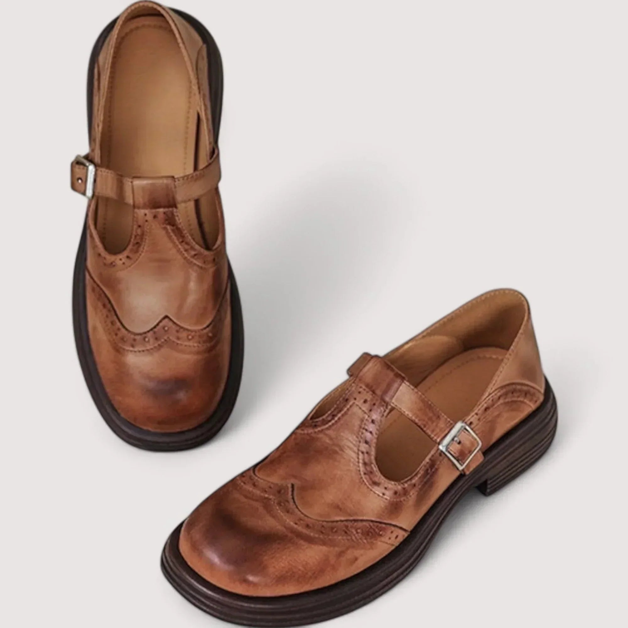 Brogwin Brogue Mary Jane Shoes – Vintage Leather Women T-Strap Buckle Oxford Platform Flats