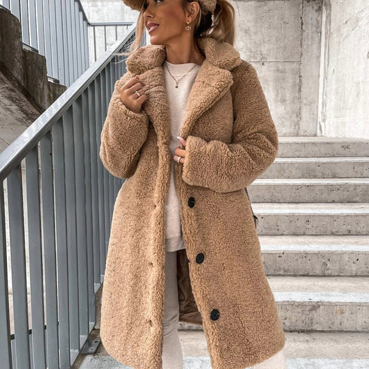Camelfluff Longline Teddy Coat – Oversized Button Front Women Casual Streetwear Fall Outerwear Jacket