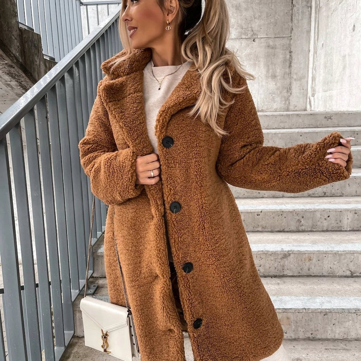 Manteau long en teddy Camelfluff - Veste ample décontractée pour femme, boutonnée sur le devant, style urbain, vêtement d’extérieur d’automne